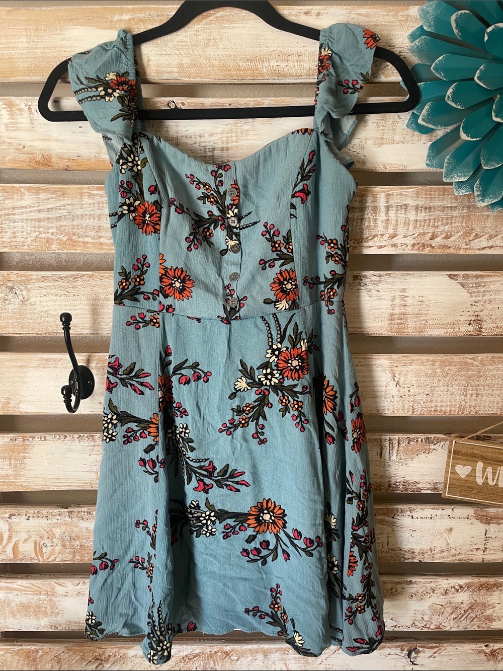 Lulus Light blue floral print mini dress, button-front ruffle detailing Small
